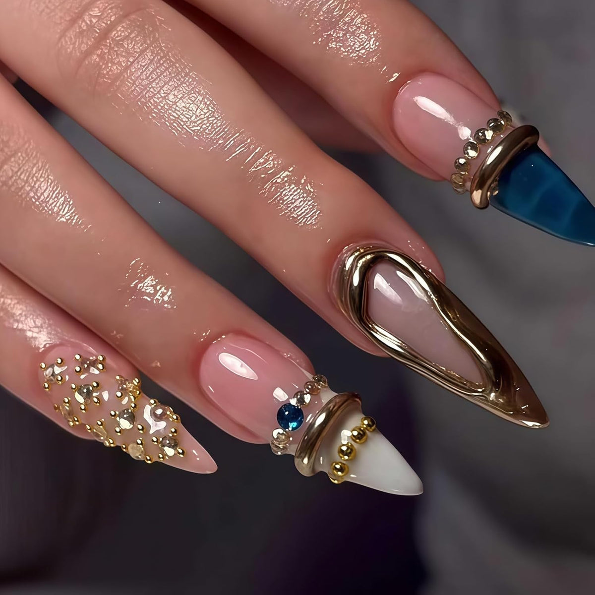3D Gold Press on Nails Long Stiletto Fake Nails Glossy Nude Blue Full Cover