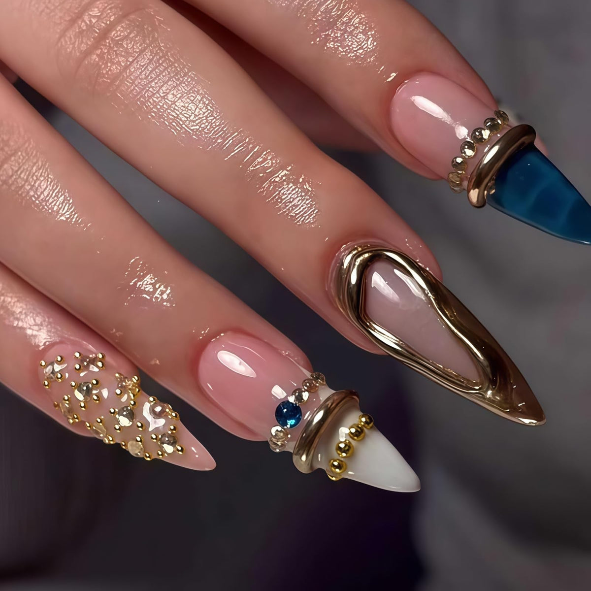 3D Gold Press on Nails Long Stiletto Fake Nails Glossy Nude Blue Full Cover