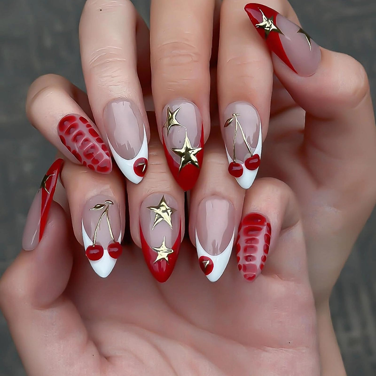 MERVF Medium Almond Press on Nails - White Ombre French Tip Fake Acrylic Nails, Rhinestones Gold Rings Design Wedding Glossy Finish 24pcs