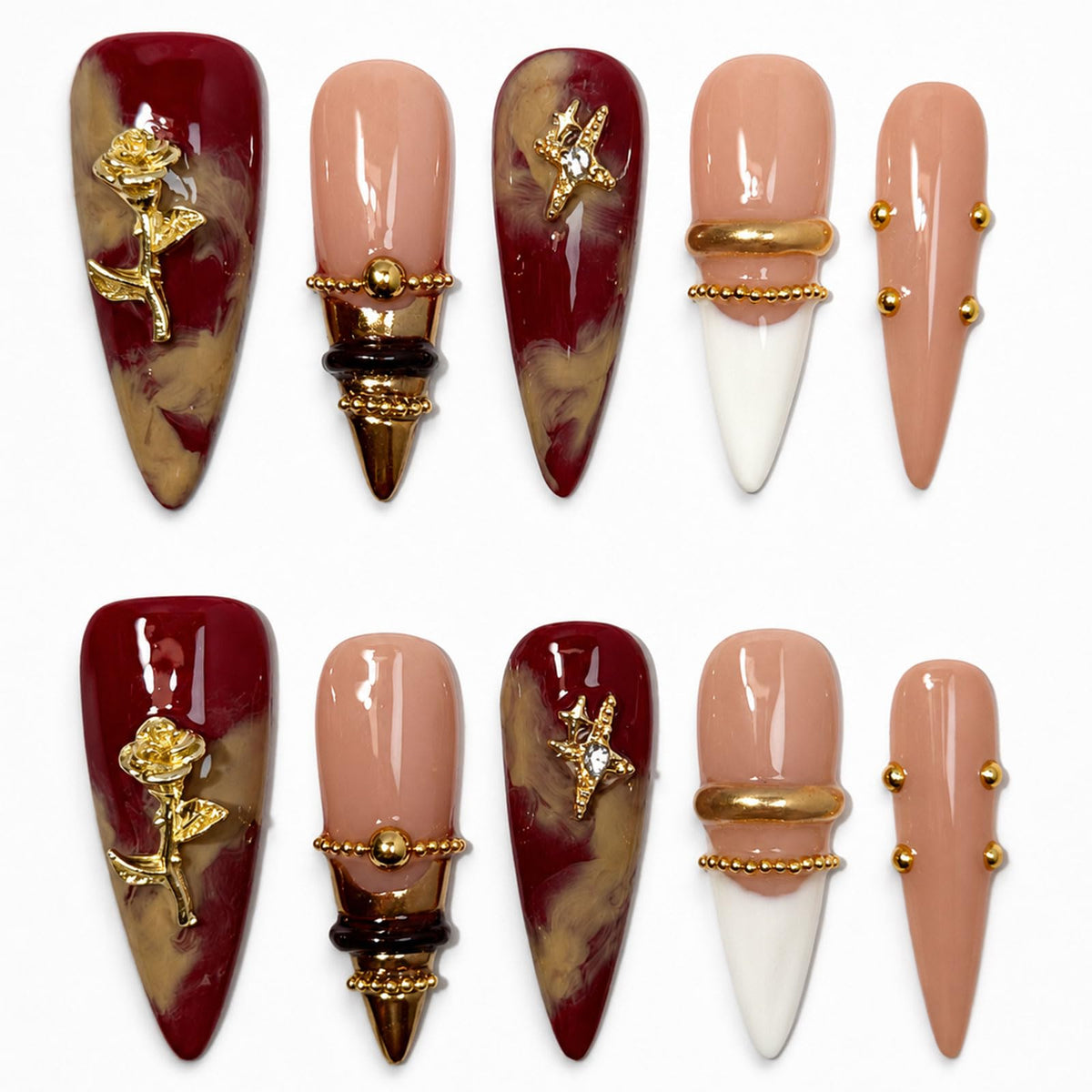 Handmade Press on Nails Long Stiletto - Liquid Gold Abstract Acrylic Fake Nails with Blue Shimmer & Colorful Gems, Luxury Reusable False Nails 10 pcs (Size M)