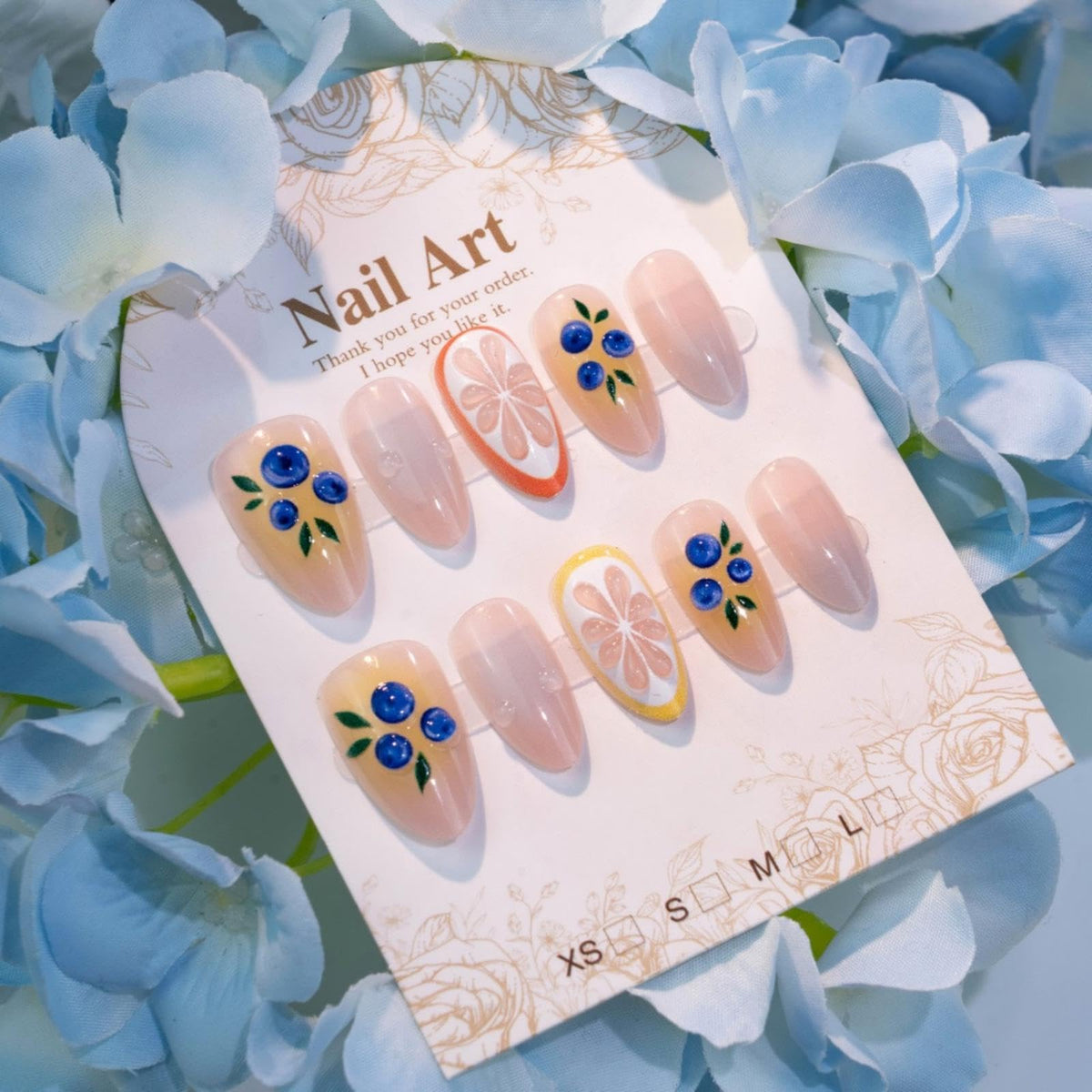 3D Handmade Pink Flower Press on Nails Blue French Tip Almond Fake Nails with Gold Metal Charms Luxury Reusable Full Cover Pink Acrylic Nails Press on for Women 24Pcs
