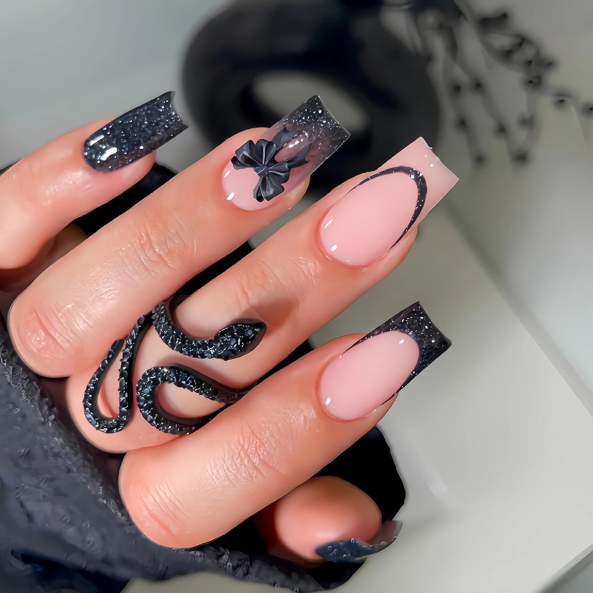 BABALAL Press on False Nails Long Square Fake Nails Black and Gold Chrome Gothic Glue on Cross Charm Luxury 3d Design French Tip Acrylic 24Pcs Y2k Handmade Custom Full Cover Gel Nails
