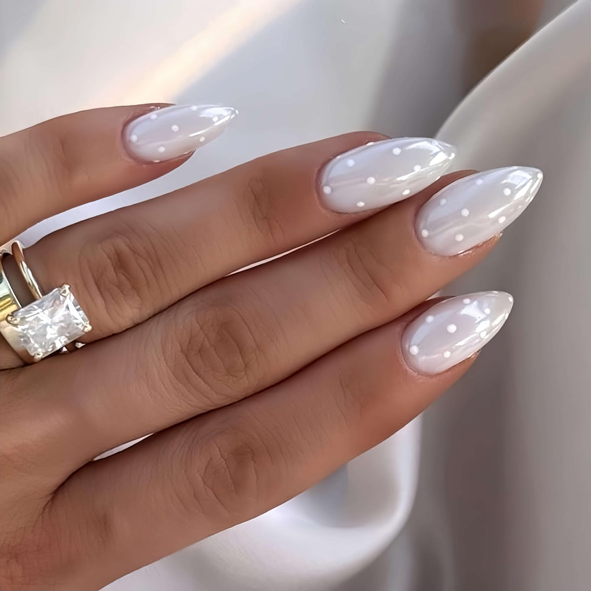 Medium Almond Press On Nails, Milky Nude Fake Nails with White French Tips, Gold Outline Design, Rhinestone and Pearl Accents, Glossy Reusable Glue On Nails for Women Wedding, 24PCS
