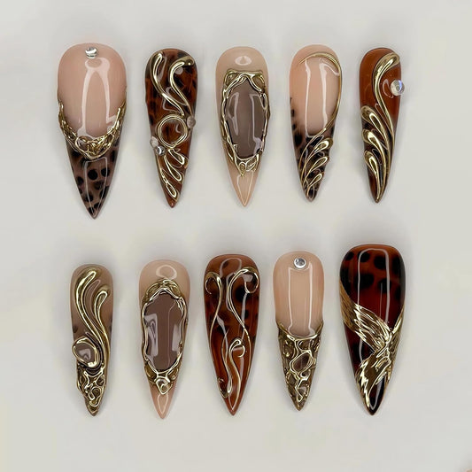 BABALAL Press On Nails Extra Long Stiletto Fake Nails Amber Tortoise Leopard Print 3D Metal Gold Swirl with Rhinestone Vintage Y2K Fall Luxury Glue On Nails