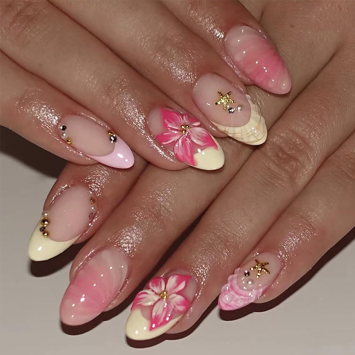 HOSAILY Luxury Press on Nails Medium Almond Rhinestones French Designs Fake Nails, 24PCS Glossy Sparkle Colorful Gems Stick on Nails for Women Party Daily Wear