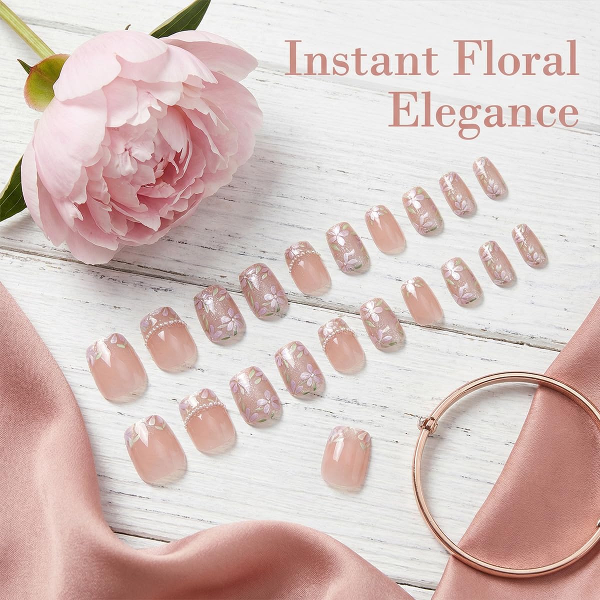 Cat Eye Press On Nails Short Square 3D Floral Pearl Wedding Nails 24PCS