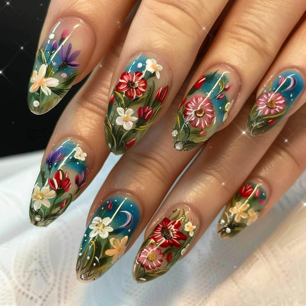 Almond Press on Nails Medium, Handmade White French Tip 3D Nude Fake Nails with Pearl Flower Leaf, Reusable Acrylic Stick On Nails for Women Wedding Bridal Party 24Pcs