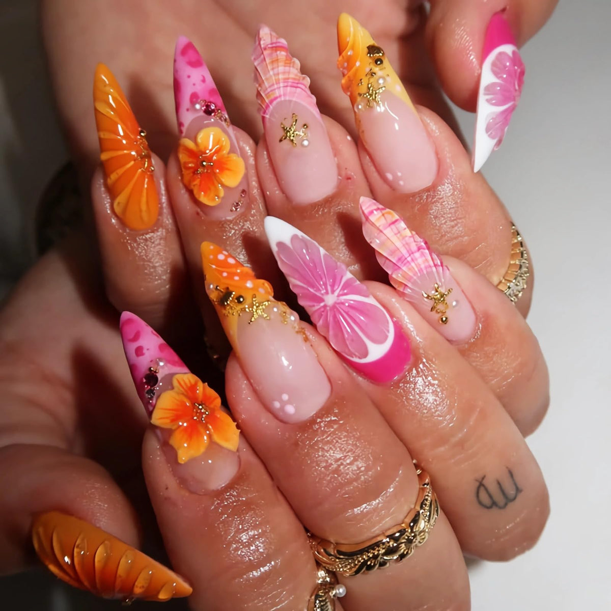 BABALAL Press On Nails Extra Long Stiletto Fake Nails Amber Tortoise Leopard Print 3D Metal Gold Swirl with Rhinestone Vintage Y2K Fall Luxury Glue On Nails