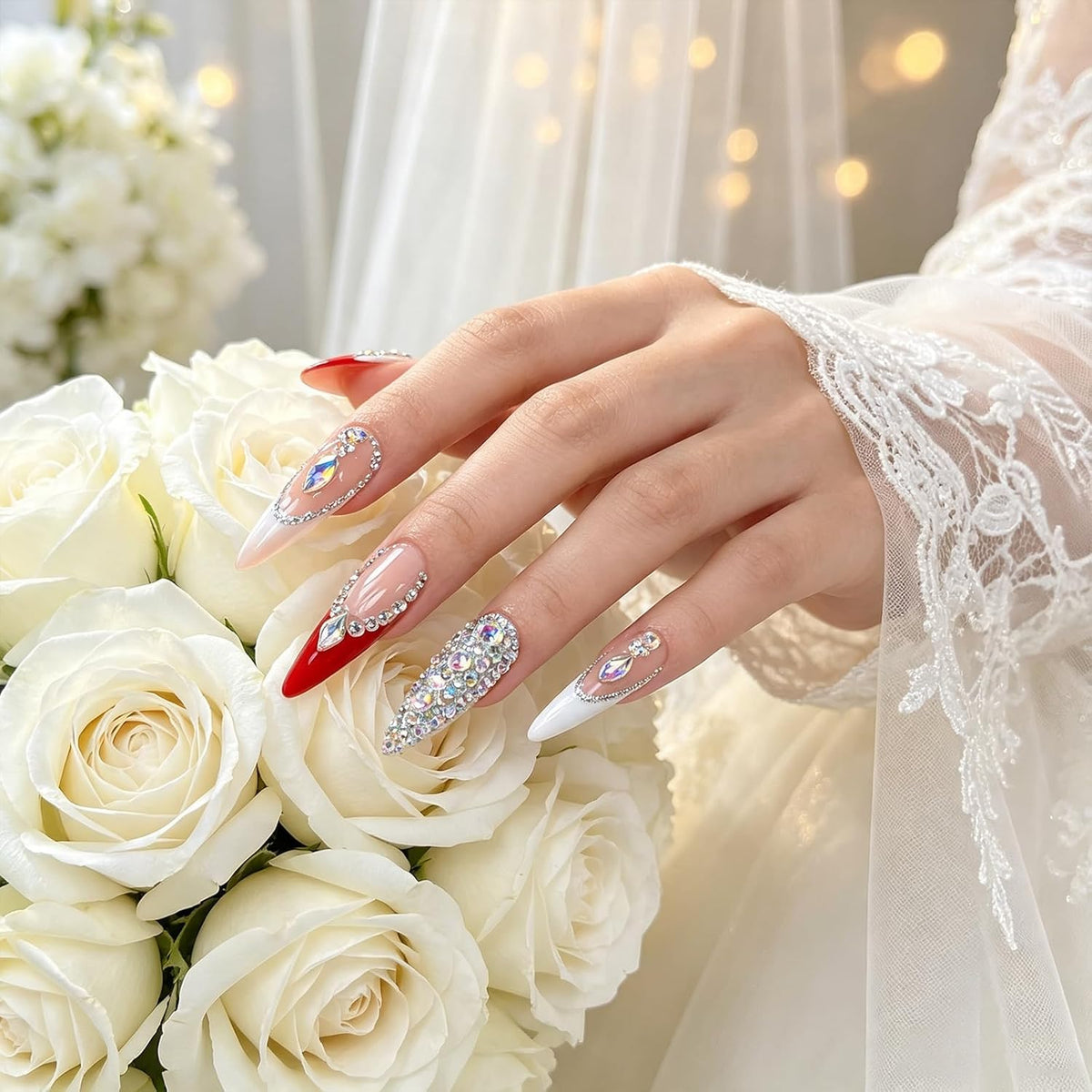 Long Stiletto Handmade Press on Nails 3D White Flower Charm 10Pcs Size M