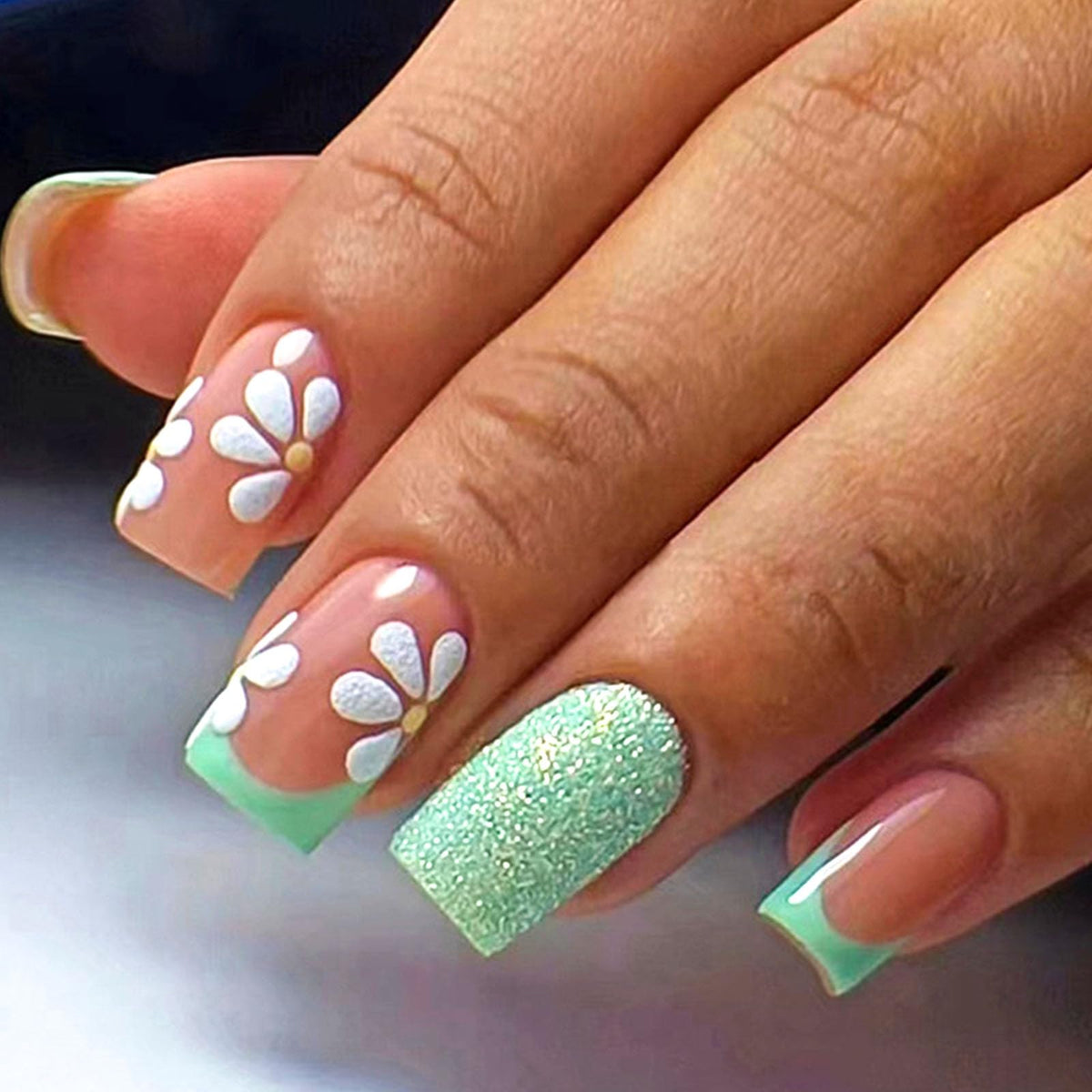 Medium Press on Nails Square White French Tip False Nails with Glitter Design Cute Fake Nails Light Pink Full Cover Nails Press ons Glossy Glue on Nails for Girls and Women 24Pcs
