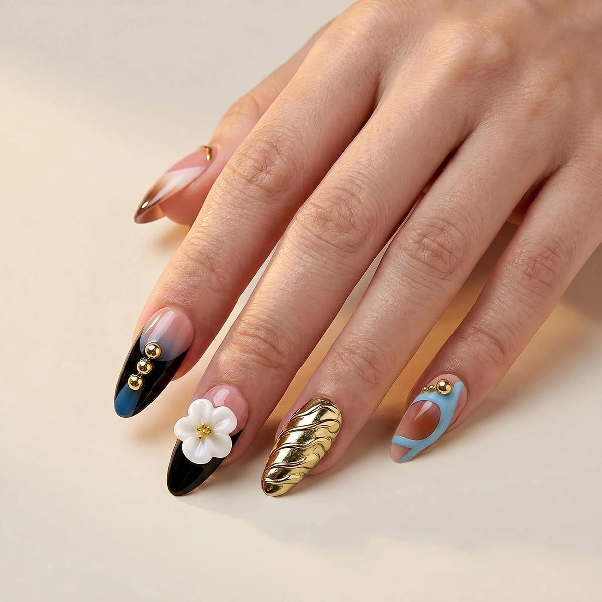 Handmade Almond Press on Nails, Abstract 3D Floral Gold, 10Pcs