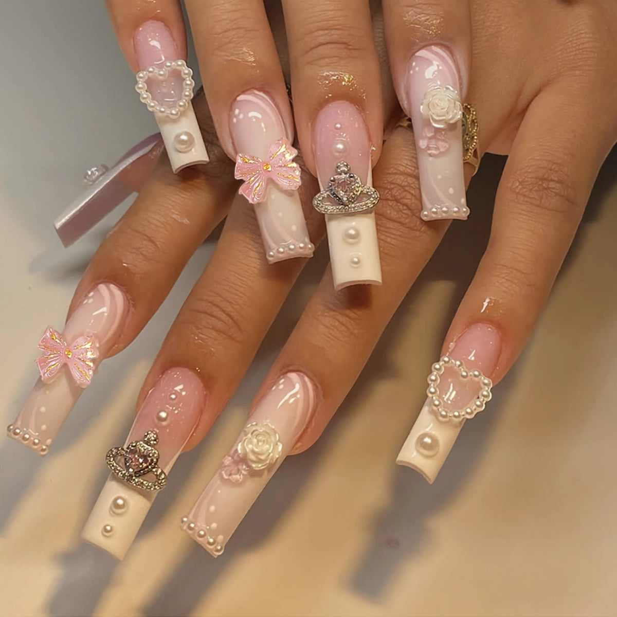 BABALAL Long Square Press on Nails - Blue Fake Nails, Luxury 3D Butterfly Gold Heart Charm Bling Design Full Cover Acrylic Nails Squoval Set 24Pcs