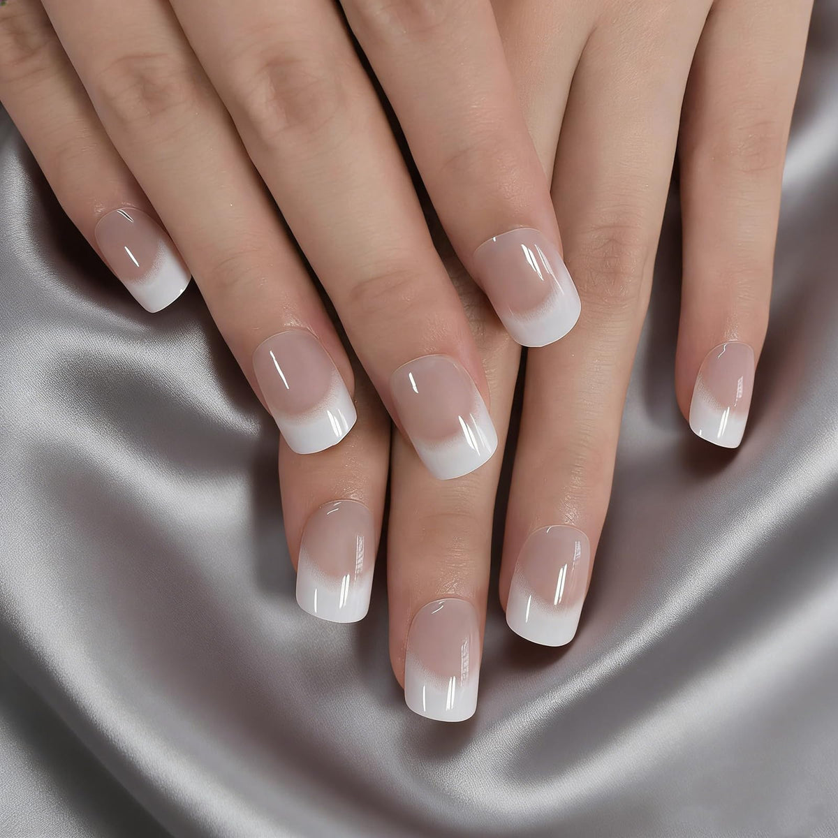 Ombre French Press On Nails Short - IKISKT Fashion Acrylic False Nails, Glue On Nails with Glue Sticker,Fit Perfectly & Natural Stick On Nails - 24PCS Soft UV Gel Fake Nails Kit, Gradient White
