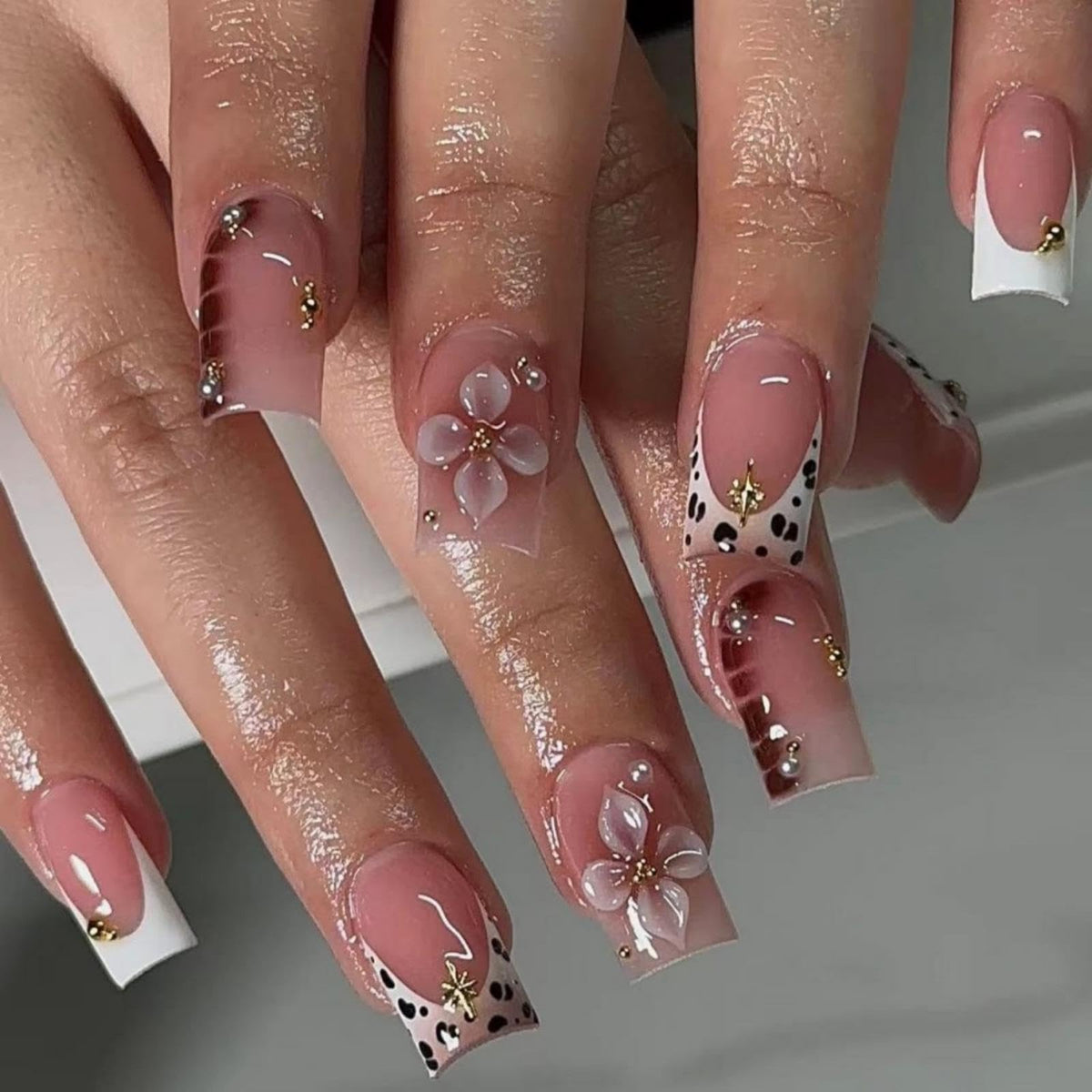 Almond Press on Nails Medium Fake Nails with 5D Metal Lines Charm Design Glossy Pink Nails Press on Curve Glue on Nails Reusable Luxury Silver Beads Acrylic Nail for Women 24Pcs