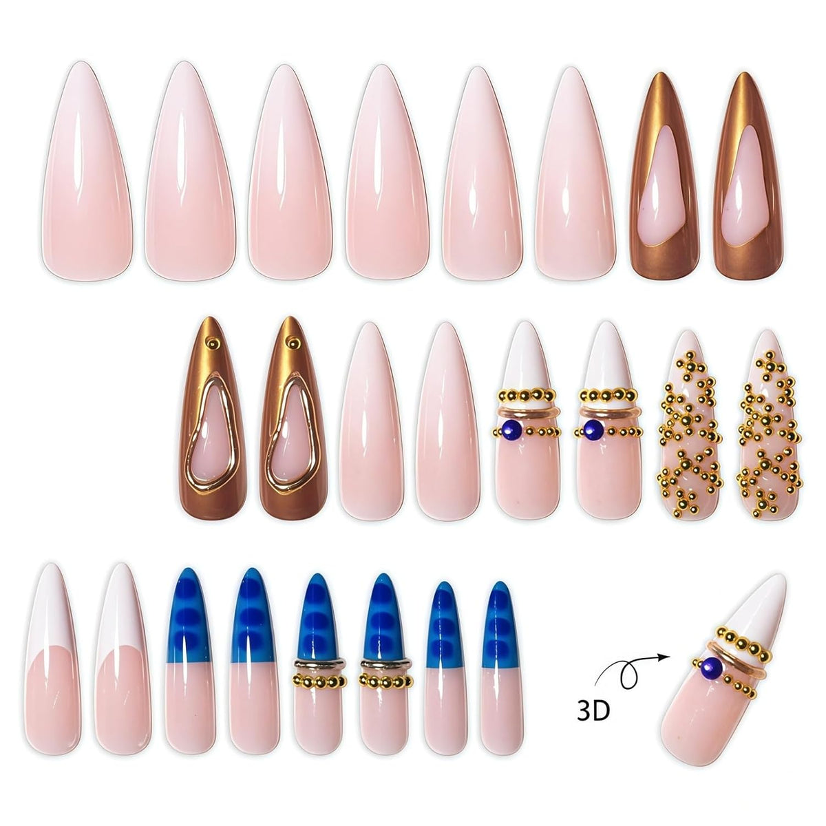 3D Gold Press on Nails Long Stiletto Fake Nails Glossy Nude Blue Full Cover