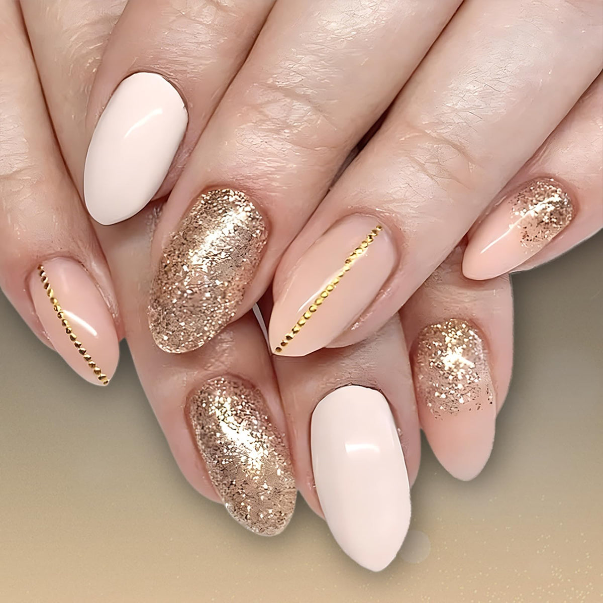 Summer Press on Nails Almond Pink Floral Shell Pearl Gold Dot Fake Women