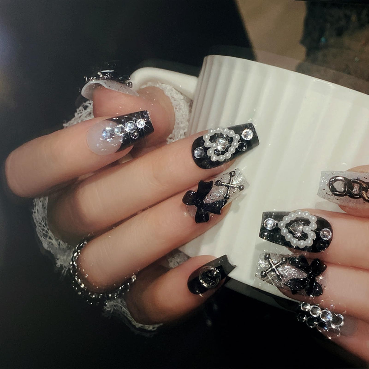 IMSOHOT Long Press on Nails Coffin Glitter Fake Nails Shiny Pink Rhinestone Full Cover False Nails Luxury Ballerina Artificial Acrylic Glue on Nails for Women 24Pcs
