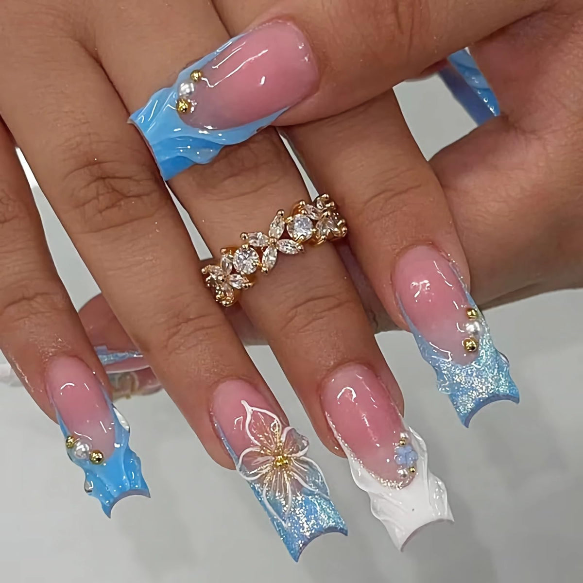 BABALAL Press on False Nails Long Square Fake Nails Black and Gold Chrome Gothic Glue on Cross Charm Luxury 3d Design French Tip Acrylic 24Pcs Y2k Handmade Custom Full Cover Gel Nails