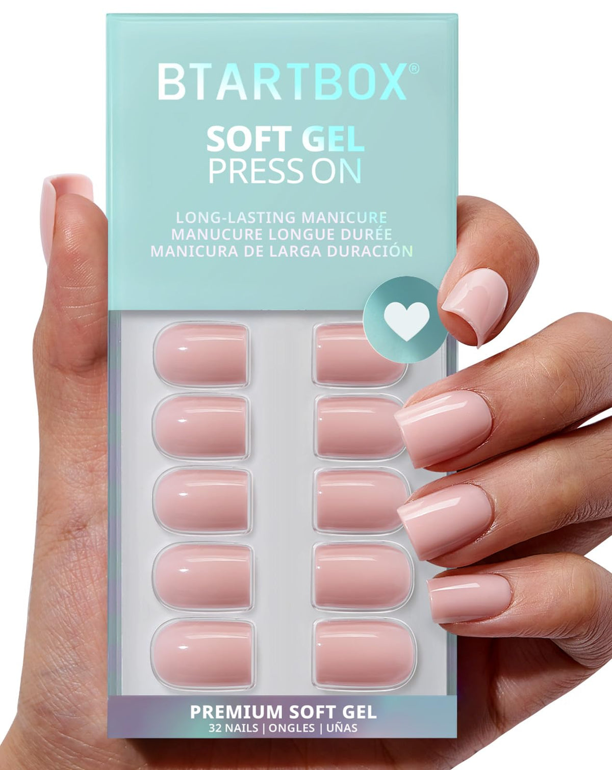 BTArtbox Press On Nails, Short Square Pink Fake Nails, 32Pcs Full Kit