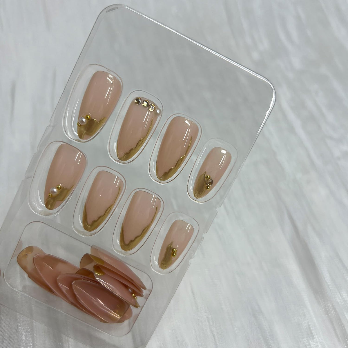 Gold French Tip Press On Nails Medium Almond Fake Nails with Pearl Designs Glossy Nude Pink Glue On Nail Reusable Full Cover Acrylic Nail for Women Office Wedding Date Night 24 PCS