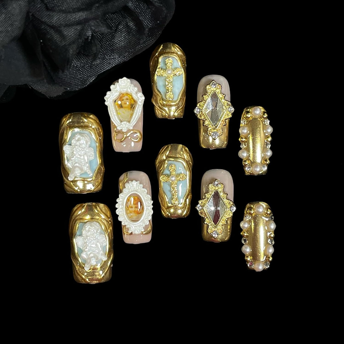 Handmade Press On Nails Luxury Set (Baroque, M)