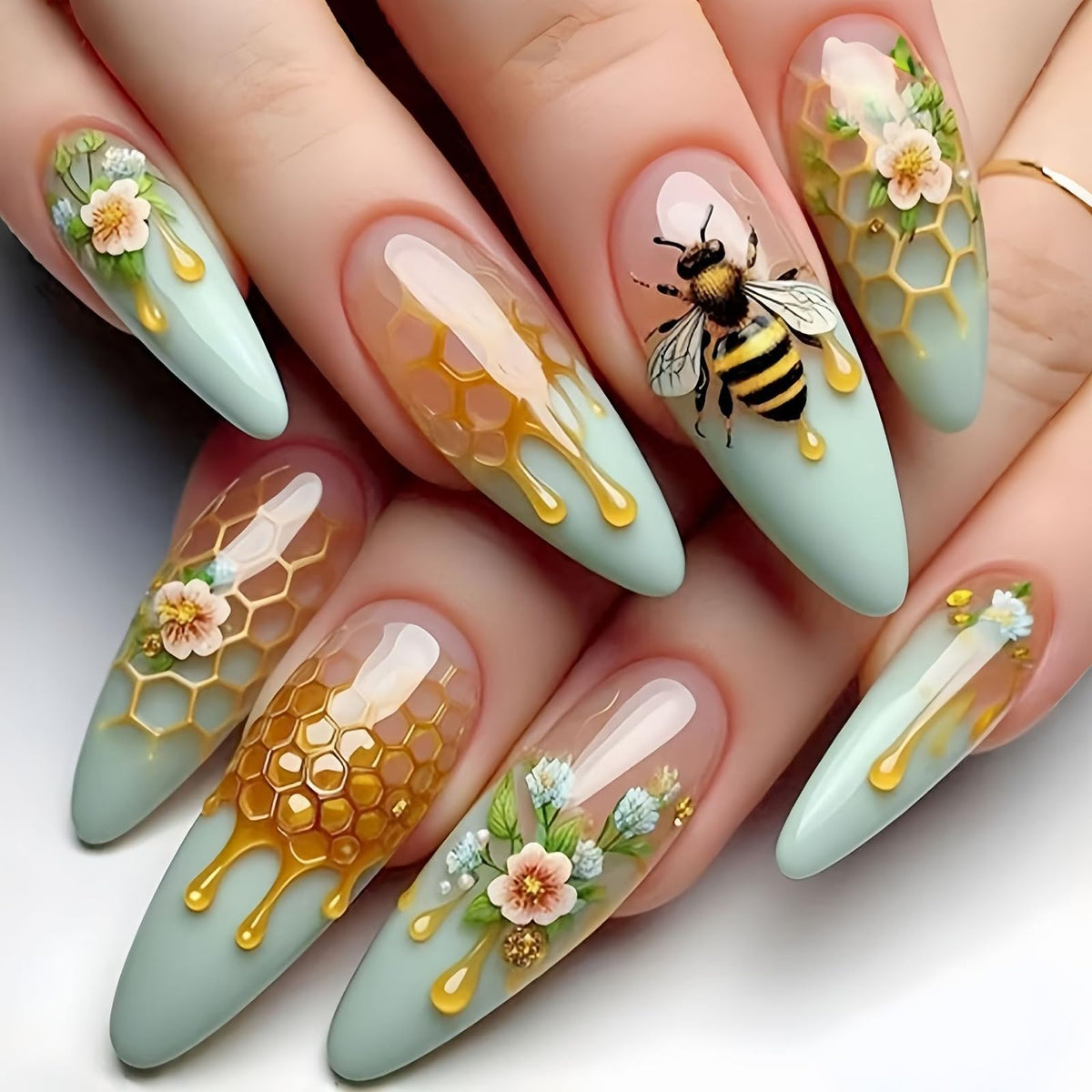 24Pcs Handmade Press on Almond Nails Nude Pink White Gold Flower Fake Nails Pearl False Nails Elegant Summer Nails Glue on Luxurious for Girl Women Stick on Nails Bridal Wedding Formal Events Life