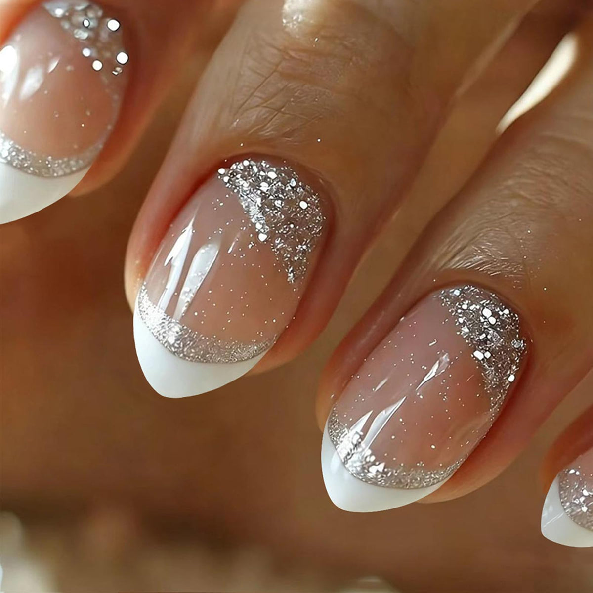 30Pcs Long Stiletto Press On Nails Gold Chrome Fake Nails with 3D Rhinestone Design Amber Gilding Nude Full Cover Acrylic Nails French Tip Glue On Nails Metal False Nails Luxury Manicure Set for Women