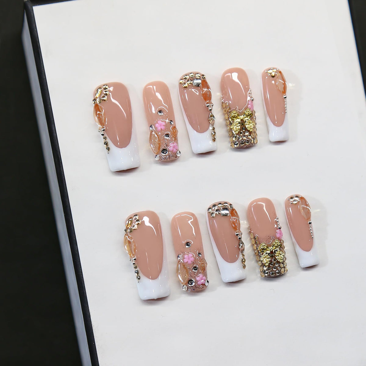 Press on Nails, Handmade Medium Almond Fake Nails, 3D Art False Fingernails with Design Full Cover Fake Nail, Glossy Acrylic Stick on Nails Artificial Nails for Women Manicure 10 Pcs (L)