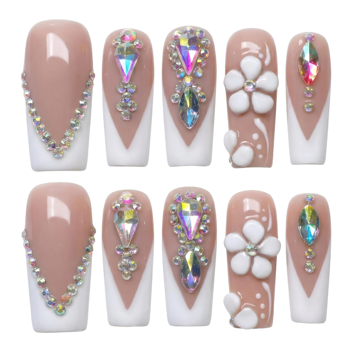 Long Square Handmade Press on Nails - White French Tip Acrylic Fake Nails with Crystals Gems, Elegant Bridal Reusable False Nails for Wedding Manicure 10 Pack (Size M)