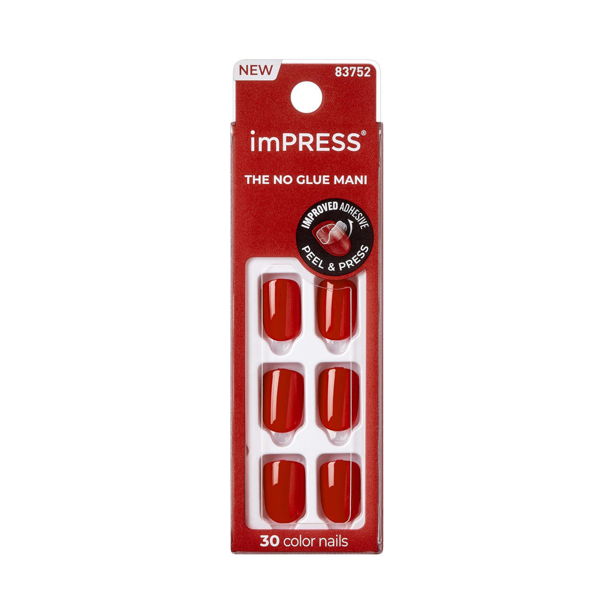 Kiss Impress No Glue Mani Press On Nails Kit, Over You, 30 Red Peel and Stick Nails, Super Slim Short Squoval, Glossy Gel Finish, PureFit Technology, Includes Prep Pad, Manicure Stick & Mini File