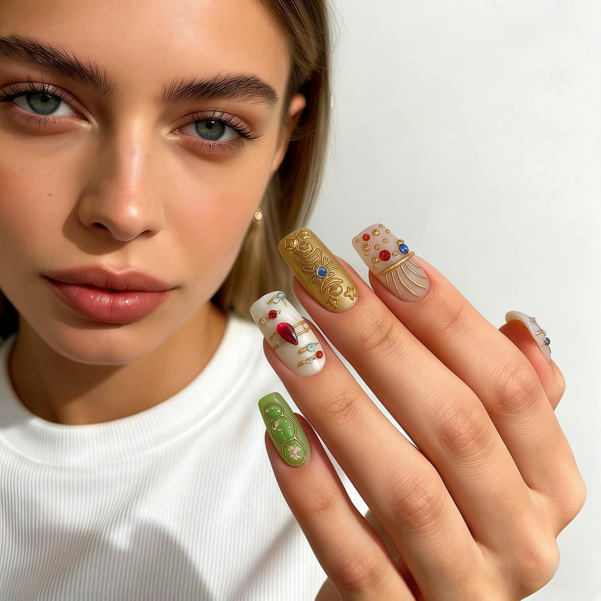 Medium Almond Press on Nails - 3D Gemstone & Gold Embossed Art, 24Pcs Reusable Fake Nails with Multi-layered gel polish finish, Salon level Fake Nails for Weddings, Parties, Special Events (ZF308)