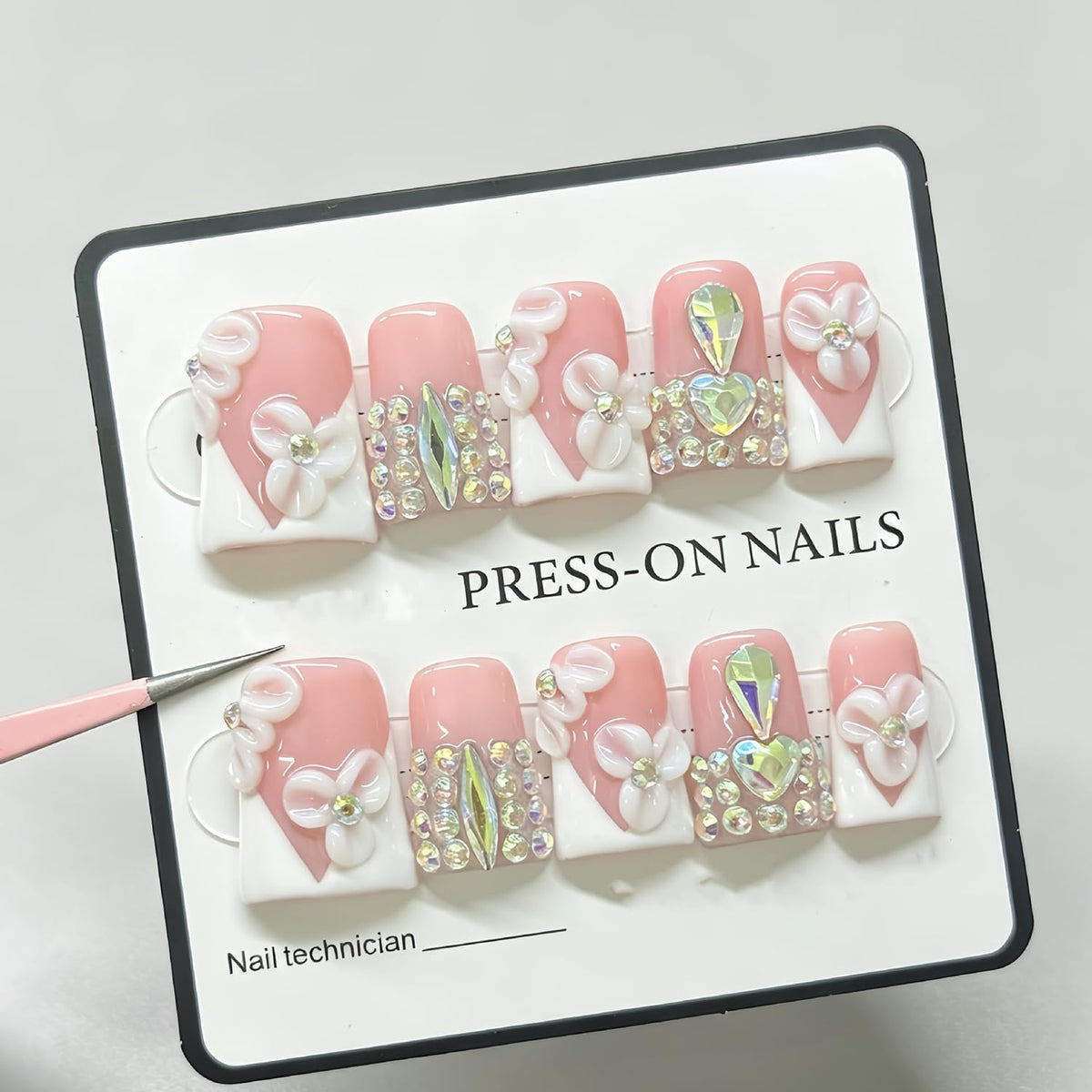 RIICFDD Medium Duck Press on Nails Rhinestone French Handmade Nails(S)