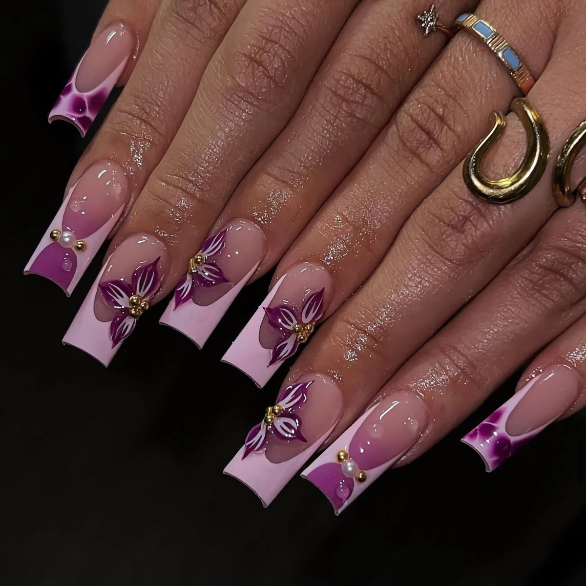 BABALAL Press on Nails, Extra Long Square Fake Nails, Gold Chrome French Tip, Luxury Rhinestone & Star Charm Design, Bling Shiny Reusable Glue on Nails 24Pcs