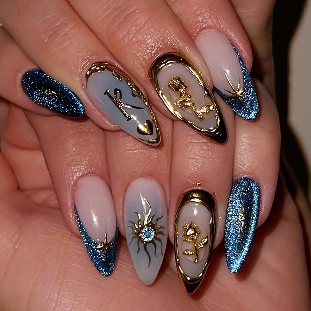MERVF Medium Almond Press on Nails - White Ombre French Tip Fake Acrylic Nails, Rhinestones Gold Rings Design Wedding Glossy Finish 24pcs