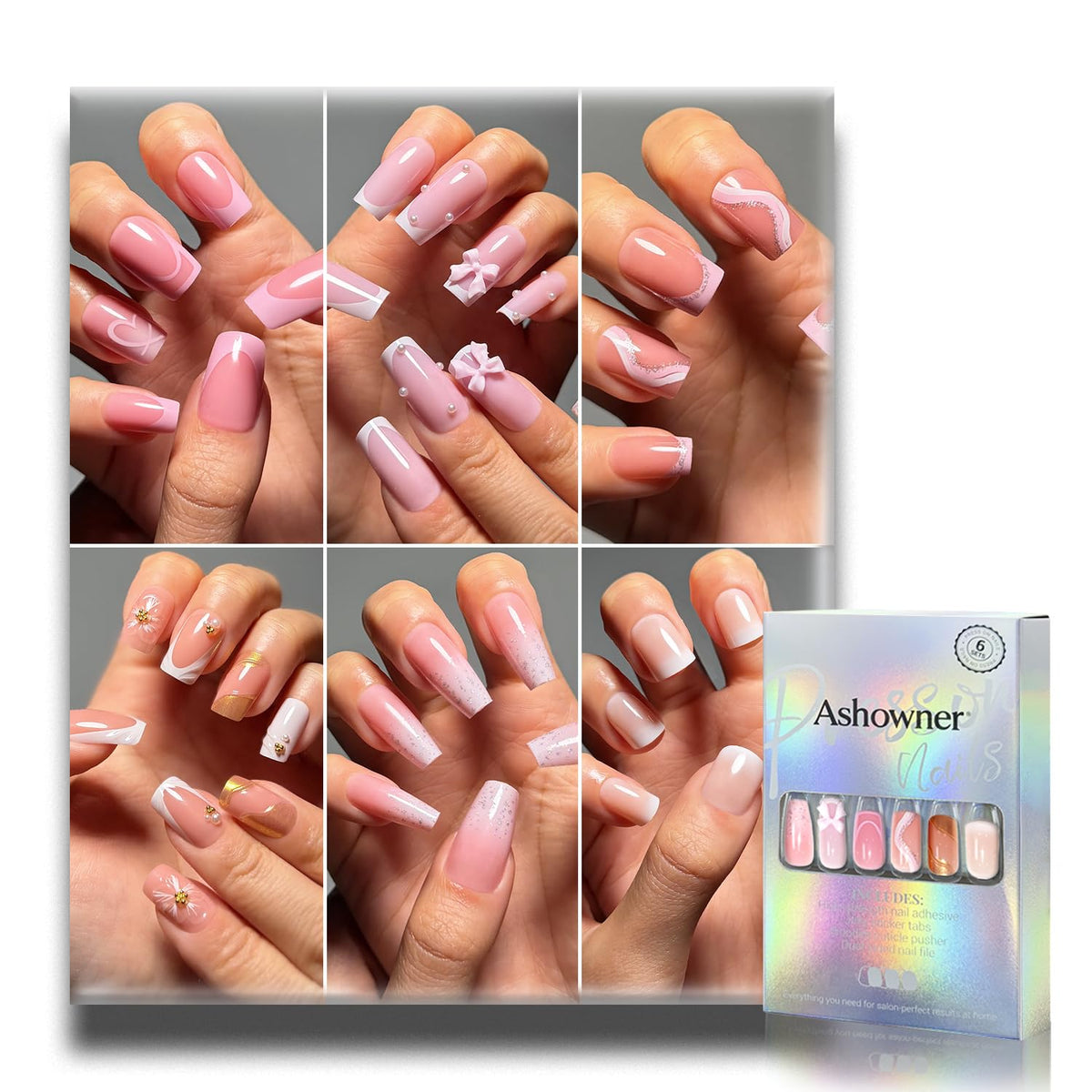 Press on Nails, 6 Packs (144 Pcs) Medium Almond Sets, Wedding French