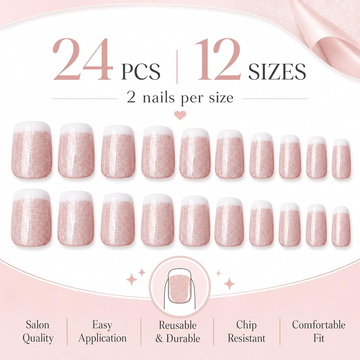 Press On Nails Short Square, Nude Pink Silver Glitter White French Tip Glossy Fake Nails, Full Cover Acrylic Gel False Artificial Nails for Bridal Wedding Daily Office Date Party Wear