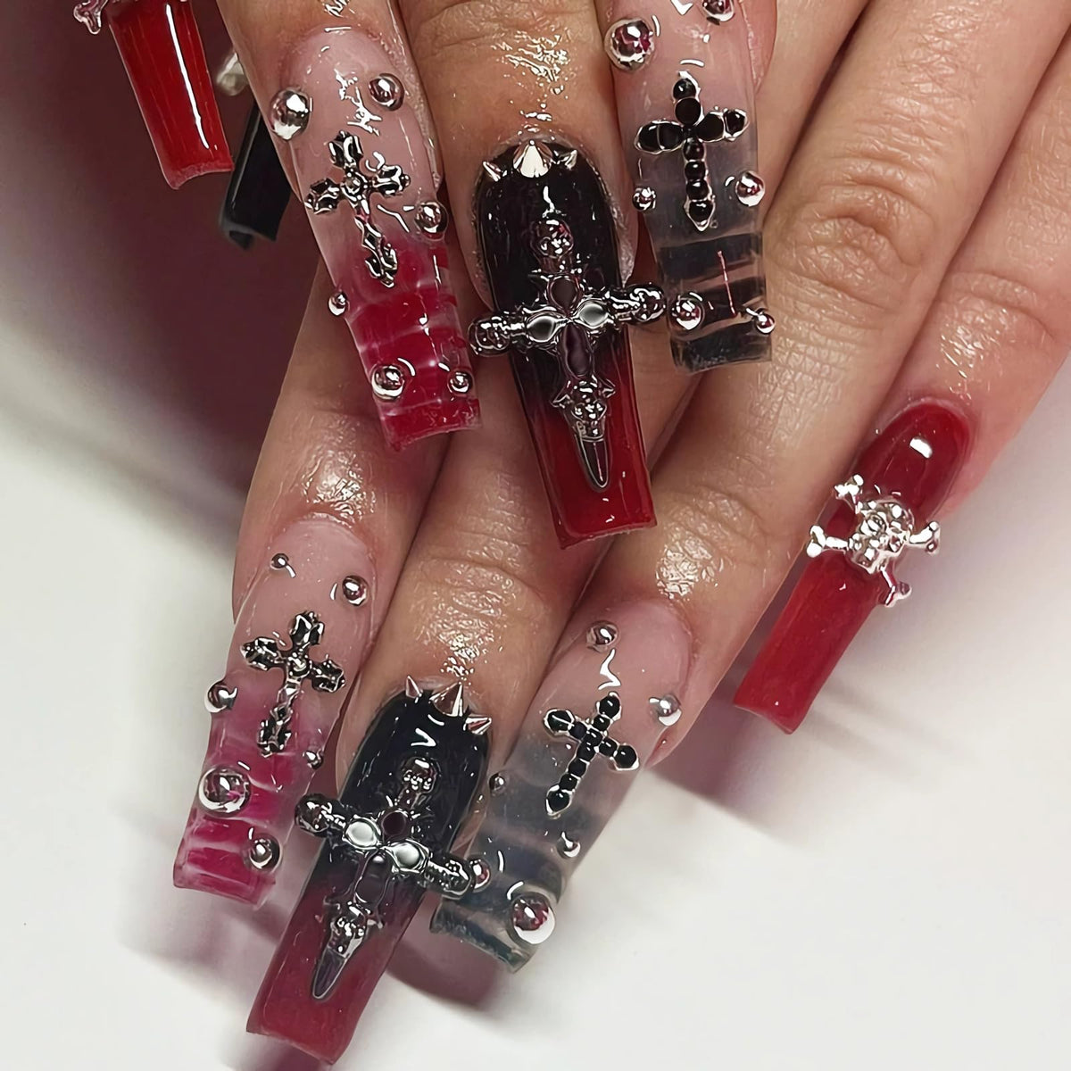 BABALAL Press On Nails Long Square Fake Nails Nude Pink White French Tip Lace Pearl Rhinestone Glossy Bridal Wedding Glue On Nails 24Pcs