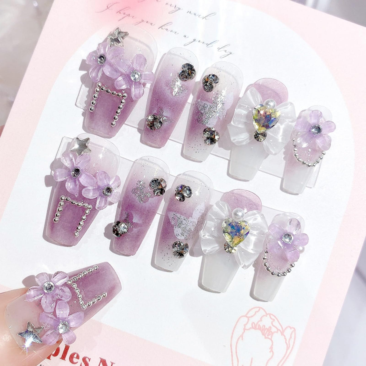SINHOT Luxury Press on Nails - Long Coffin Fake Nails 3D Handmade Cute Pink Reusable False Nails with Rhinestone Designs,DIY Artificial Nail Art, 24pcs