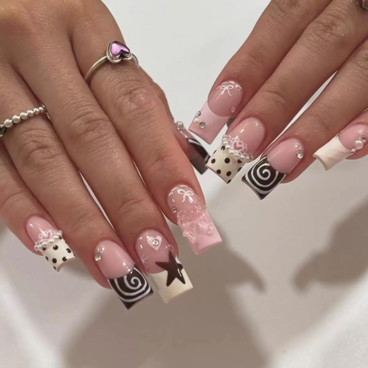 BABALAL Press On Nails Long Square Fake Nails Nude Pink White French Tip Lace Pearl Rhinestone Glossy Bridal Wedding Glue On Nails 24Pcs
