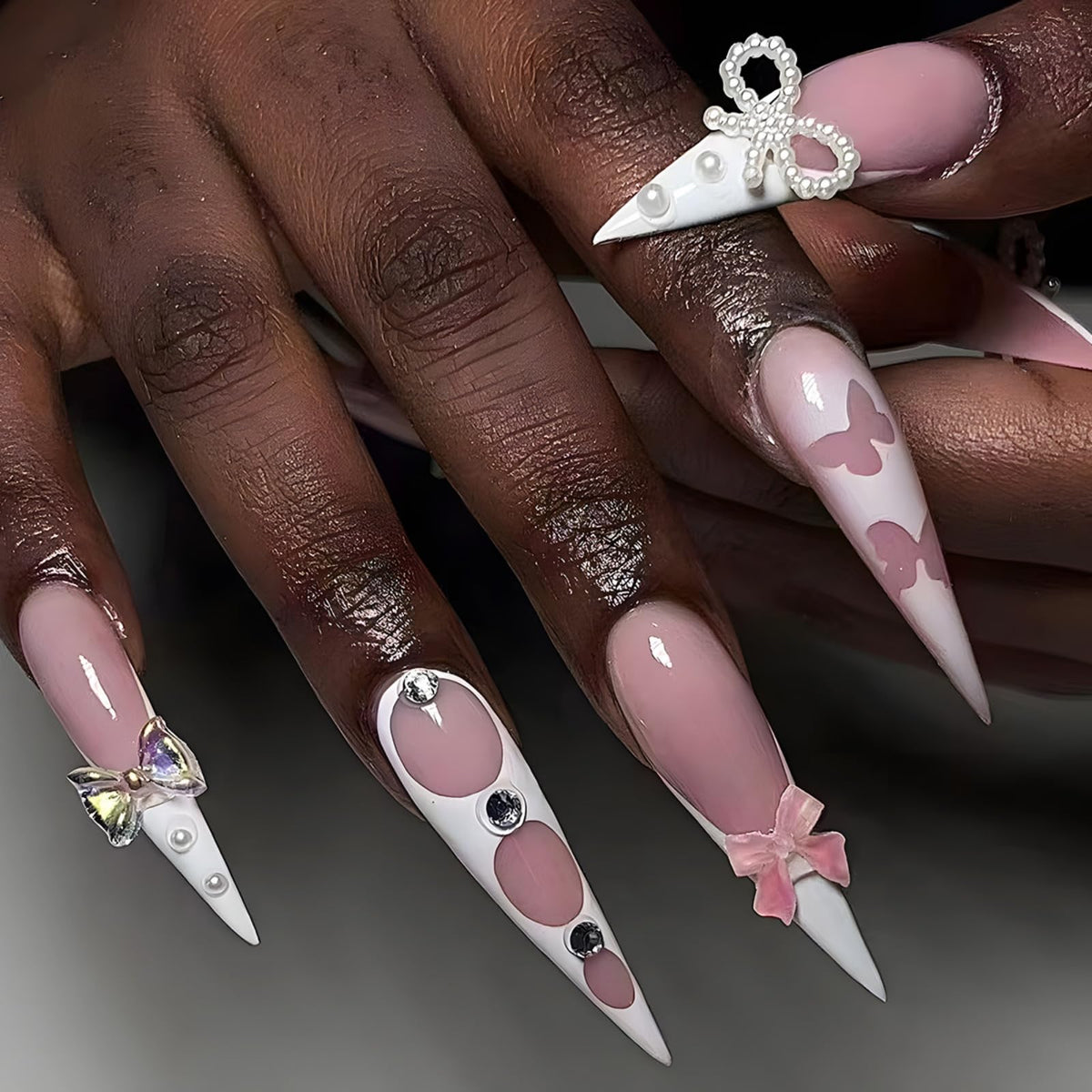 Rhinestone Press on Nails White French Tip Fake Nails with 3D Bow Design Glossy Full Cover Stick on Nail Sparkly Luxury Long Stiletto Nail Press ons for Women, 24Pcs
