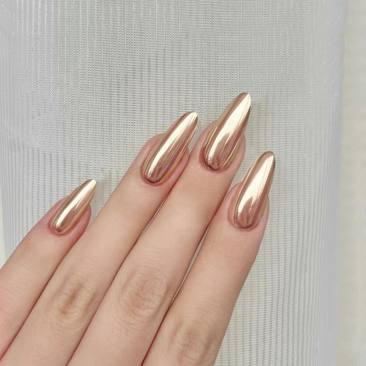 Press On Nails Almond Fake Nails French Tip False Nails Press ons Medium Glue on Nails with Chrome Design for Women Stick on Nail 24Pcs