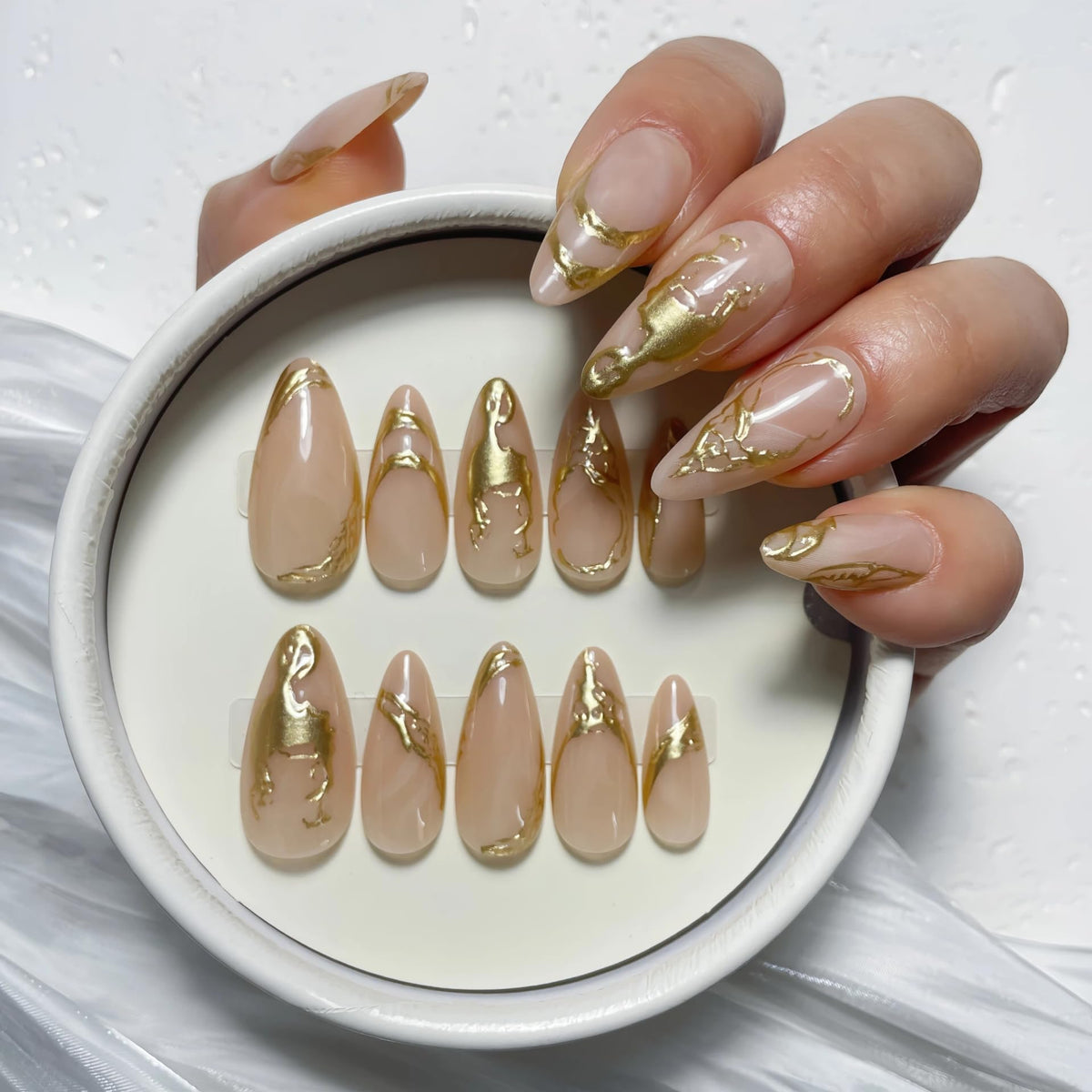 Nude Pearl Gold French Press on Nails Medium Almond Fake Nails Kit 24PCS
