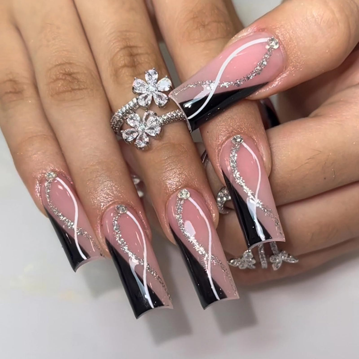 MISUD Press on Nails - Extra Long Square Glue on Nails with French Tip, Acrylic Dollar Money Rhinestone Design 24 pcs