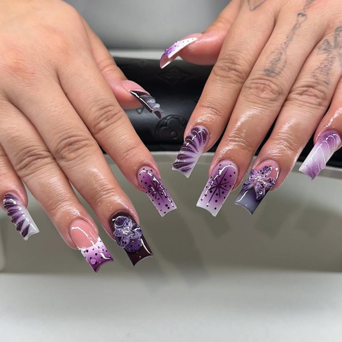 MISUD Press on Nails - Extra Long Square Glue on Nails with French Tip, Acrylic Dollar Money Rhinestone Design 24 pcs