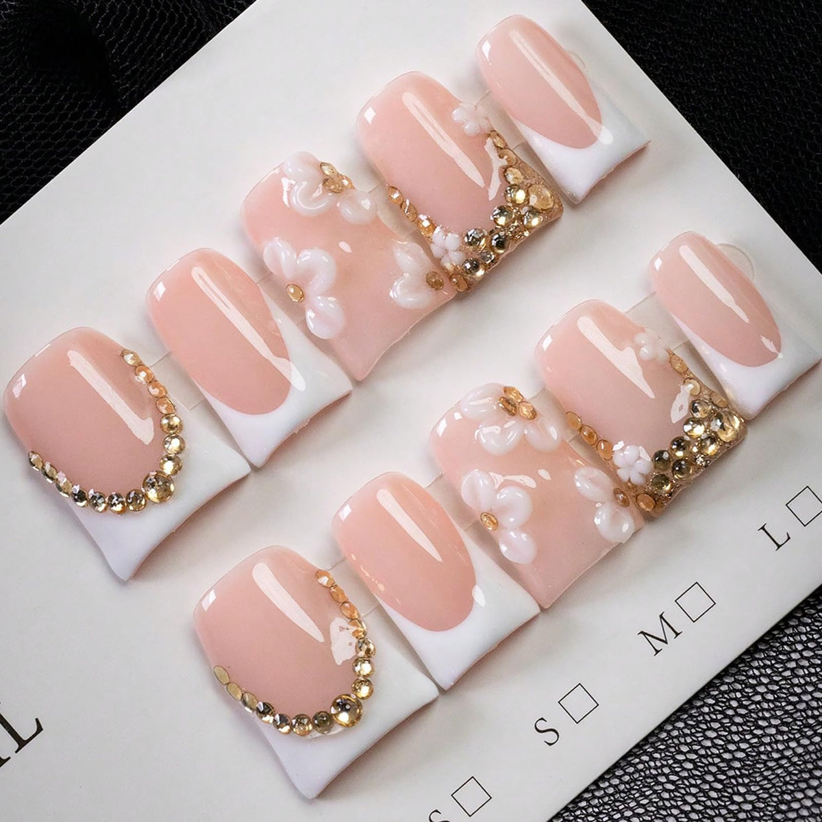 Handmade Press On Nails Short Square Nude 10PCS French Tip Fake Nails with 3D Gold Pearl Charms, Hand Painted Luxury Reusable Stick On Nails for Wedding Bridal Prom(M)