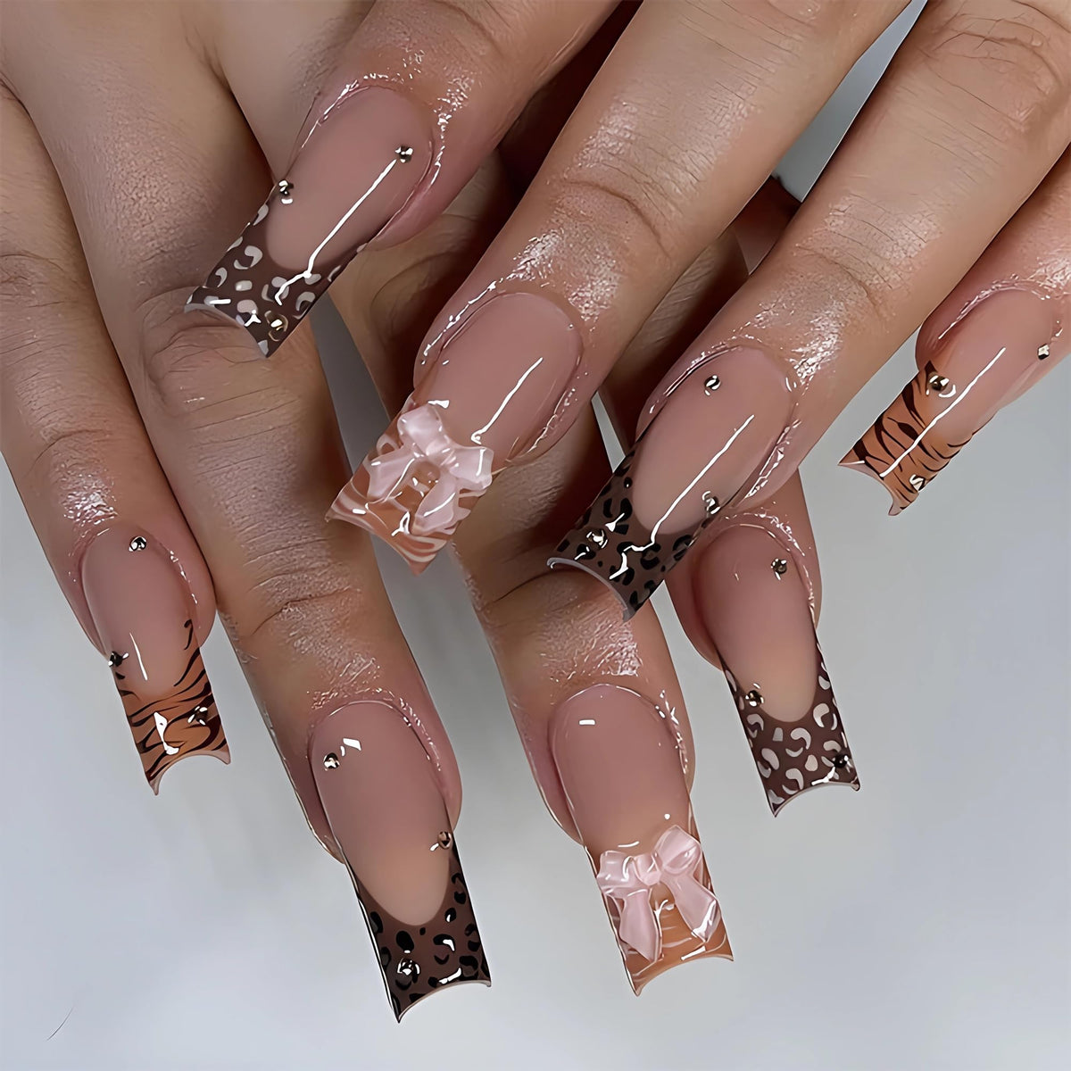 BABALAL Press On Nails Long Square Fake Nails Nude Pink White French Tip Lace Pearl Rhinestone Glossy Bridal Wedding Glue On Nails 24Pcs