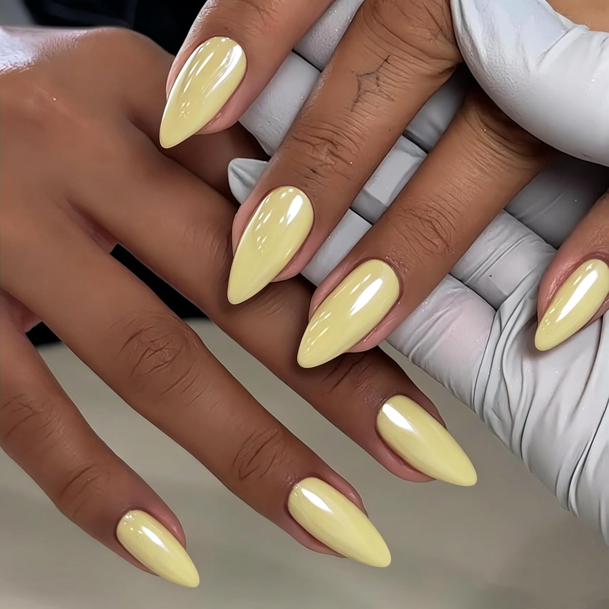 White French Tip Press On Nails Almond - KQueenest Chrome Press On Nails Medium, Glazed Natural Light Nude Fake Nails Press on, Reusable Glue on Nails Stick On Nail for Women Bridal Wedding