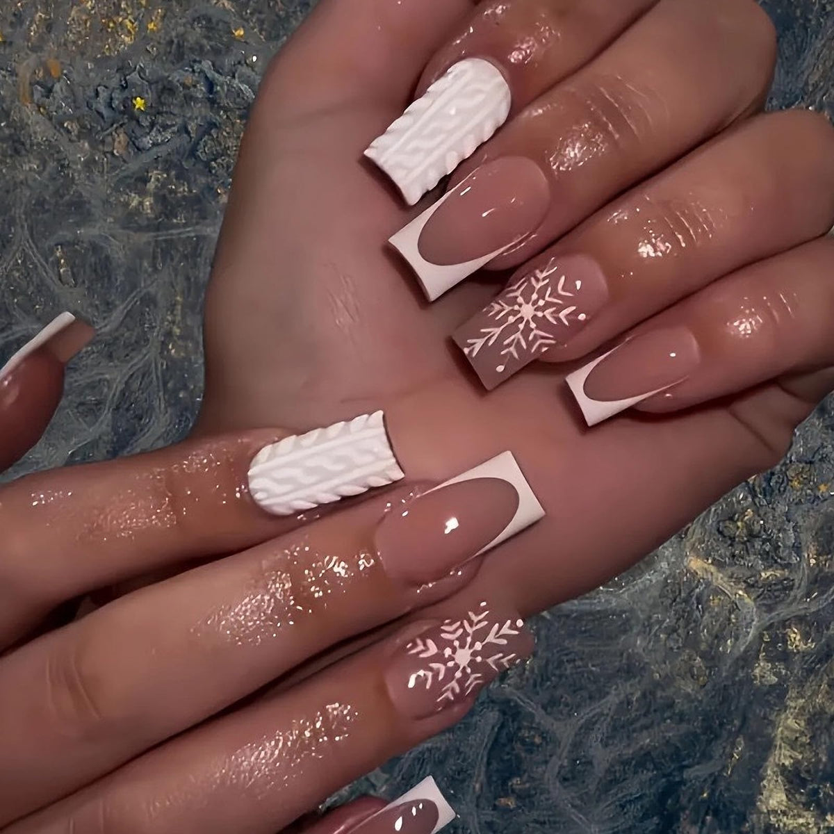 MISUD Press on Nails - Extra Long Square Glue on Nails with French Tip, Acrylic Dollar Money Rhinestone Design 24 pcs