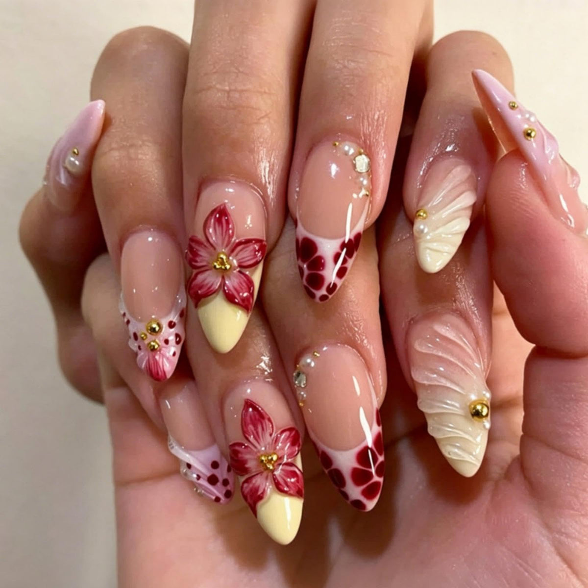 Medium Almond Pink 3D Twist French Tips Rhinestone Press On Nails