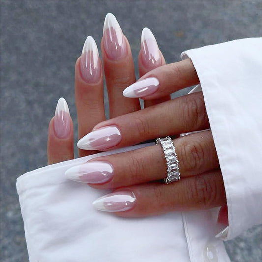 Press On Nails Almond Fake Nails French Tip False Nails Press ons Medium Glue on Nails with Chrome Design for Women Stick on Nail 24Pcs